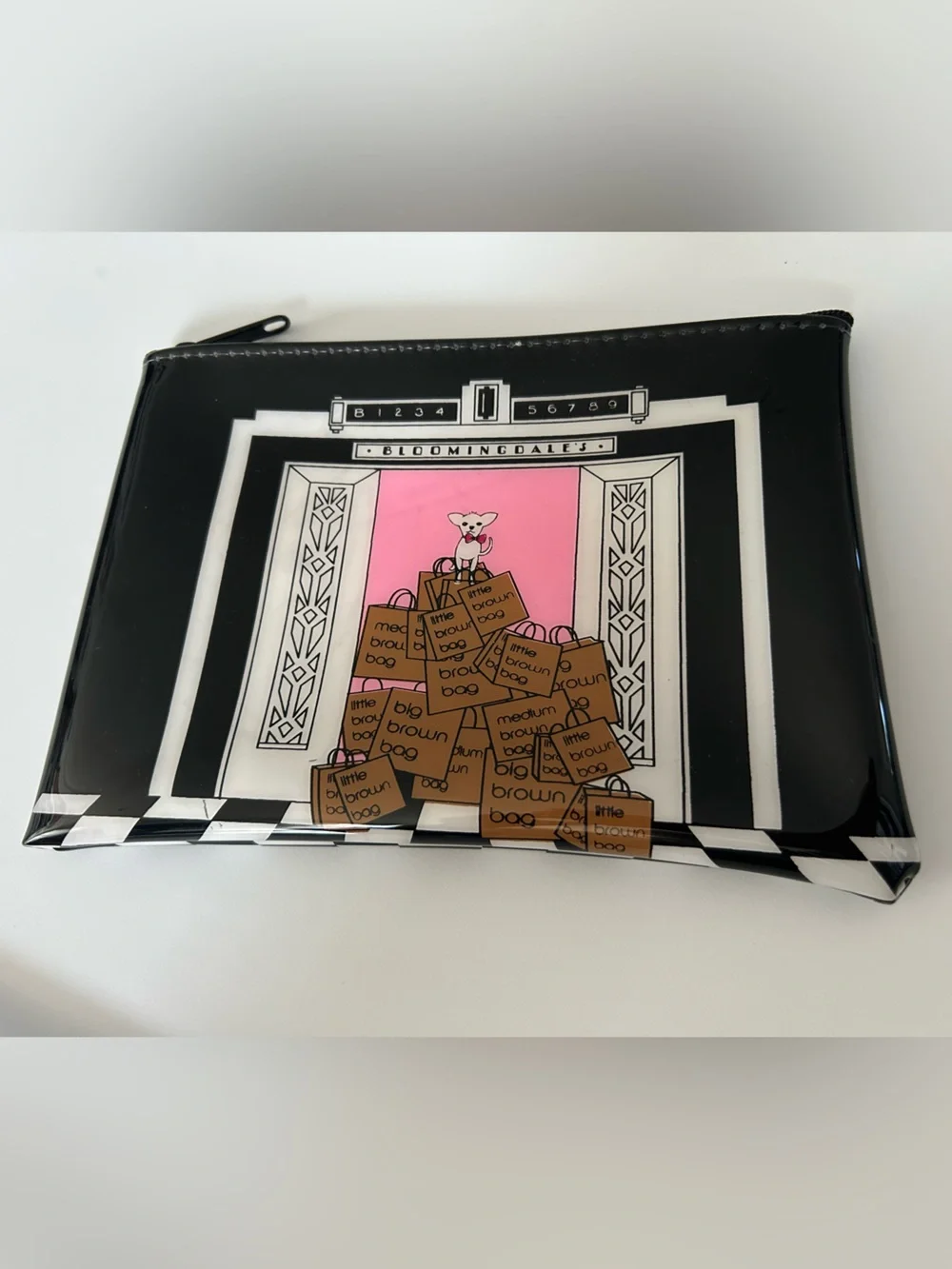 Bloomingdale's Black White Pink Dog Shopping Bags Cosmetic Pouch NWOT